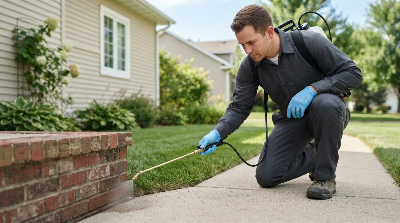 Pest control technician treating a home near Toddville, IA