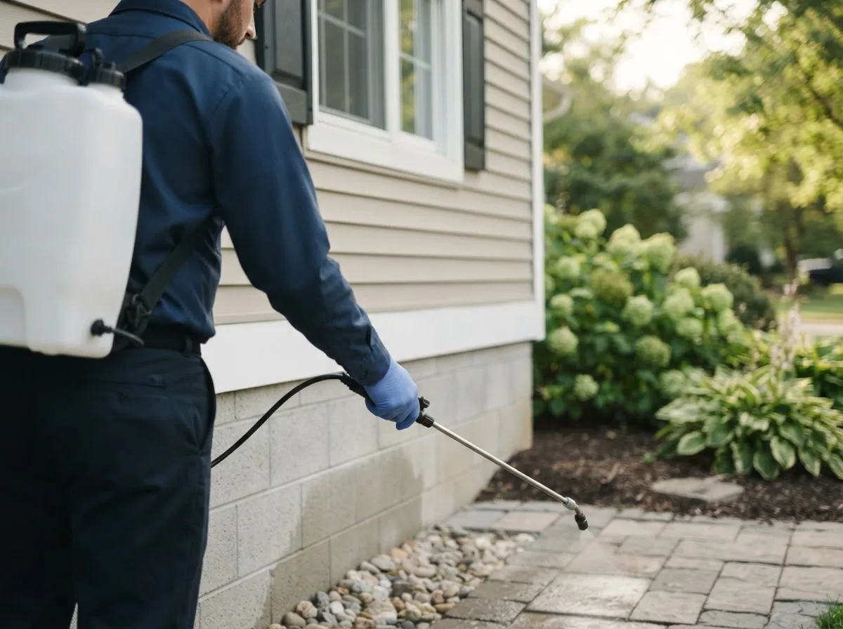 Pest control technician inspecting a home in Toddville, IA